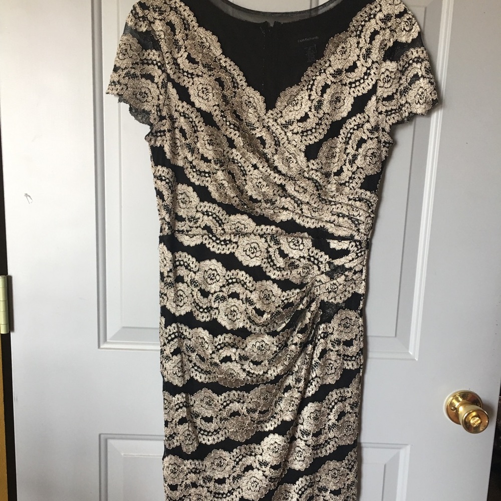 Black/Gold cap sleeve, mock wrap dress